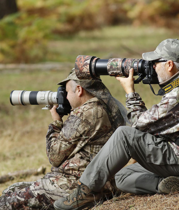 experience-immersion-nature-pour-photographier Deux photographes en habits de camouflages prenant des photos d'animaux dans le parc naturel de Boutissaint